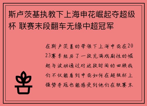 斯卢茨基执教下上海申花崛起夺超级杯 联赛末段翻车无缘中超冠军 斯卢茨基执教下上海申花崛起夺超级杯 联赛末段翻车无缘中超冠军